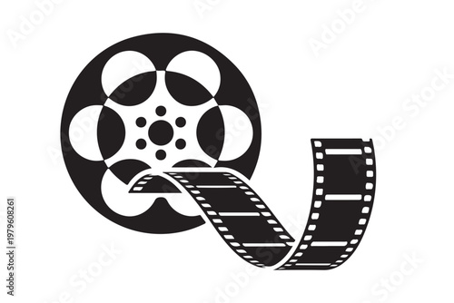 Black film reel with film strip unwinding on transparent background, vintage cinema and photography icon.