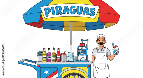 Piraguas street vendor serving shaved ice at a cart illustration isolated on white background
