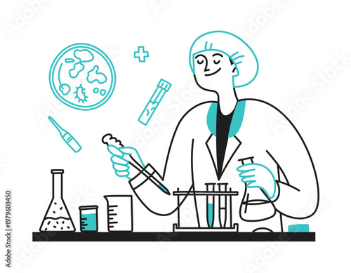 Doodle people, female lab technician with a pipette and flask in her hand. Medical laboratory. Biochemist, analysis, samples. Vector isolated illustration