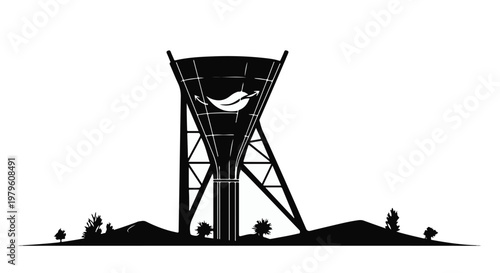Water tower stands prominently in the landscape featuring a sustainable leaf icon.