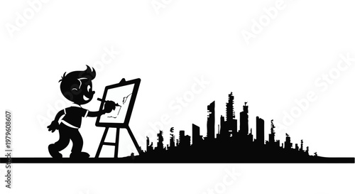 Artist standing at an easel captures the silhouette of a modern urban city skyline.