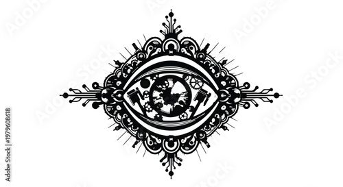 Eye symbol features intricate mechanical gears within an ornate decorative frame.