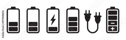 Collection of battery charge level icons and power plug symbol for charging status indication on a transparent grid background.