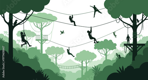 People on zipline adventure course in lush green forest silhouette isolated on white background