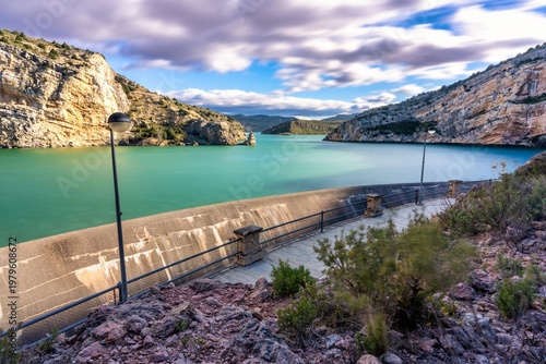 Spillway and High Water Level at Cueva Foradada Reservoir in Oliete, Spain