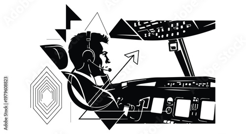 Pilot sits inside a cockpit while wearing a headset to manage flight communications.