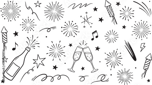 Celebration icons and fireworks on .