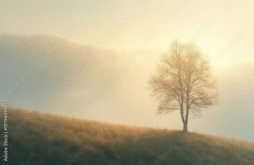Fototapeta premium Bare tree stands on misty hill at dawn bathed in soft golden light creating tranquil atmosphere. Hazy fog covers distant forest creating serene landscape. Peaceful solitude.
