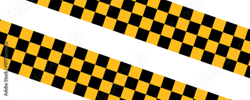 Set of taxi car marking stripes or caution tapes isolated on white background. Black and yellow checkered and striped textures. Forbidden, safety, danger or warning ribbons. Vector flat illustration