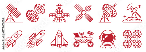 flat design vector illustration of space exploration technology and satellites in red theme