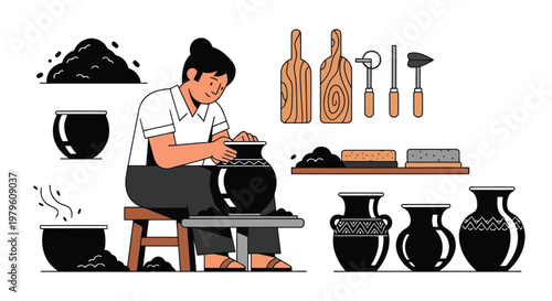 Artisan potter crafting clay vase in workshop with tools vector isolated on white background