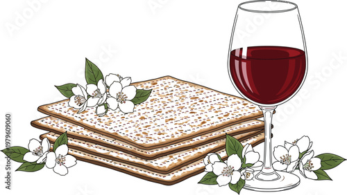 Traditional vector illustration of unleavened matzah bread stacked with a tall glass of red kosher wine and spring white flowers for the Jewish holiday celebration