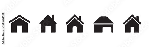 Black silhouette house icon set on transparent background for mobile app navigation and real estate interface.