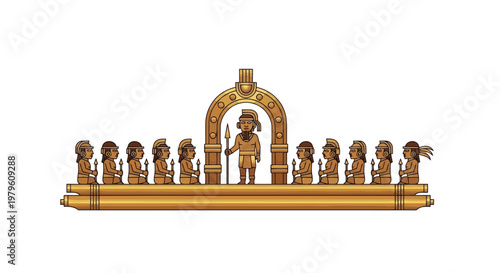 Golden ancient indigenous statue scene with warriors on wooden raft isolated on white background