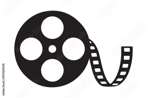 Black film reel with film strip on transparent background, vintage cinema and photography icon.