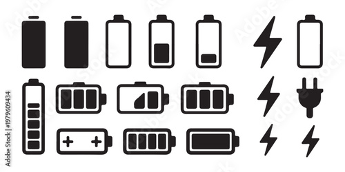 Comprehensive collection of battery icons, charging symbols, and power plug for diverse technology and energy related concepts.