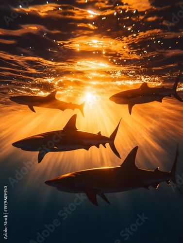 A group of golden sharks under the sunset glow
