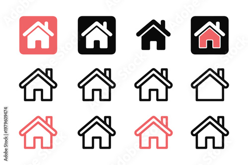 Modern home application icon set in black and coral red colors for smart house technology and mobile software.
