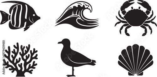 Sea shell sink stencil stamp set. Ocean exotic underwater seashell conch aquatic mollusk, sea spiral snail marine starfish seal brand collection. Tropical beach shells aquatic design illustration