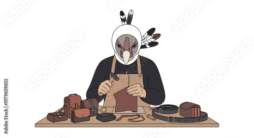 Leather craftsman working on handmade goods at wooden workbench isolated on white background