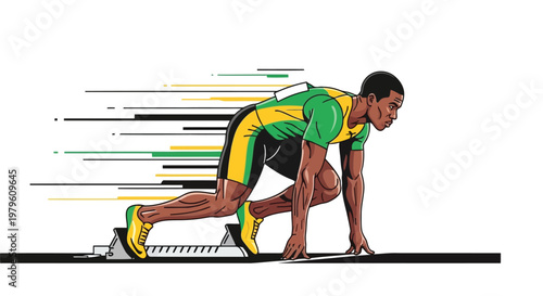 Professional athlete in starting position on track with speed lines isolated on white background