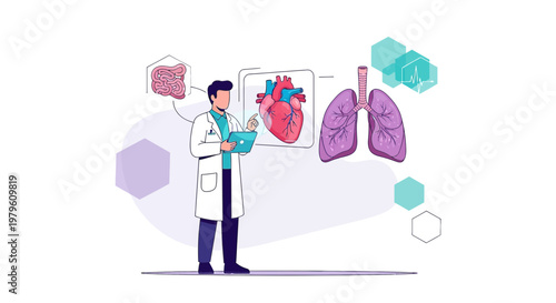 Illustration of a doctor analyzing human anatomy and medical data on a tablet for healthcare