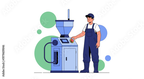 Illustration of a factory worker operating specialized machinery within a modern industrial setting