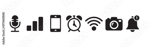 Black minimalist smartphone status icons on transparent background including wireless network and audio signs.