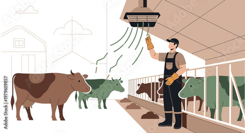 Illustration of a farmer in a cowshed with cows and a cooling system for the animals