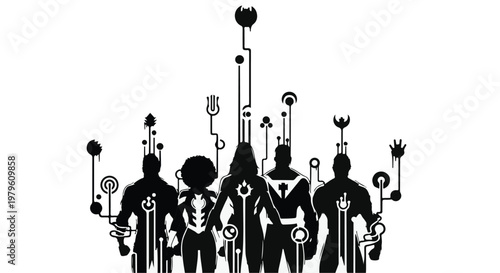 Human silhouettes connect to digital interface nodes and network circuitry.