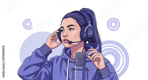Illustration of a female streamer or podcaster with headset and microphone equipment, in a