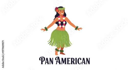Hula dancer performing in traditional costume with flowers and grass skirt isolated on white background