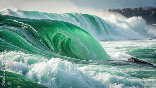 Wallpaper Mural Green ocean wave crashing with white foam and rocky shore under cloudy sky in natural seascape scene Torontodigital.ca