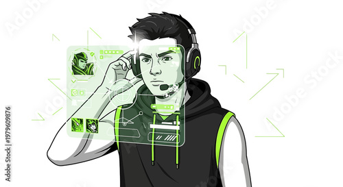 Illustration of a focused gamer immersed in a virtual world using augmented reality interface