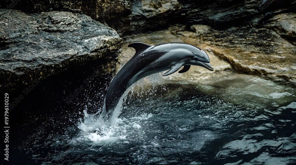 Obraz premium The elegant figure of dolphins shuttling through rocks in the deep sea