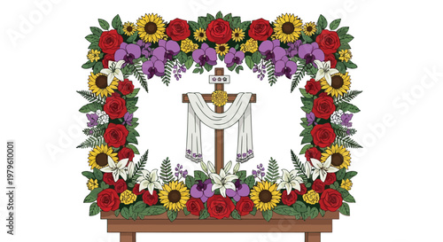 Christian cross with white cloth surrounded by floral wreath frame isolated on white background