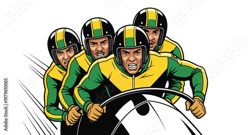 Team of bobsledders in green and yellow uniforms ready for racing isolated on white background