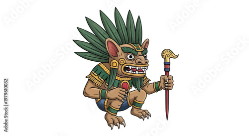 Ancient mythical creature holding a spear with green feather plumes isolated on white background