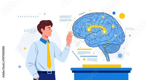 Illustration of a man observing a brain model showcasing artificial intelligence application