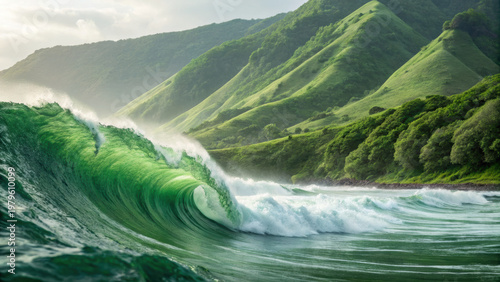 Wallpaper Mural Green ocean wave crashing near lush green mountain coastline under cloudy sky with misty atmosphere Torontodigital.ca