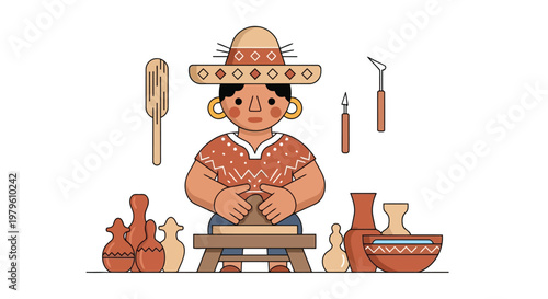 Traditional artisan potter shaping clay on spinning wheel isolated on white background