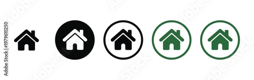 Collection of house icons in black and green with circle frame on checkered background.