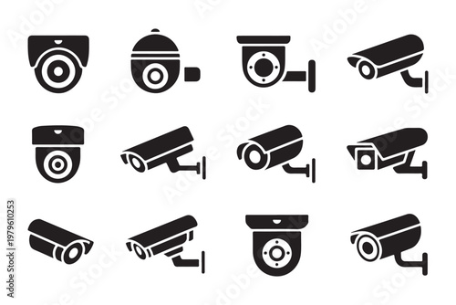 Surveillance system camera silhouettes featuring different mounting angles for security monitoring services.