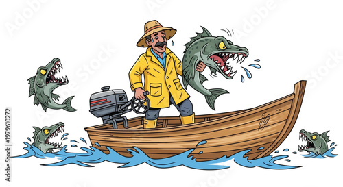 Fisherman in yellow raincoat battling aggressive fish on boat isolated on white background