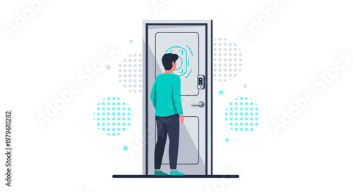 Illustration of a person using a facial recognition system to unlock a door for access control