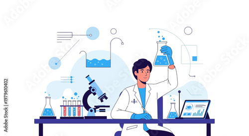 Illustration of a scientist analyzing a liquid in a laboratory environment with scientific