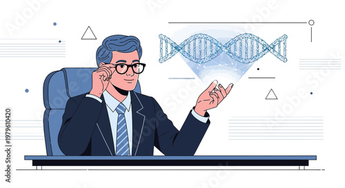 Illustration of a Scientist Analyzing DNA Structure with Virtual Technology Interface
