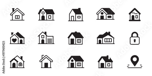 Diverse collection of house icons and related symbols like map pin and padlock.