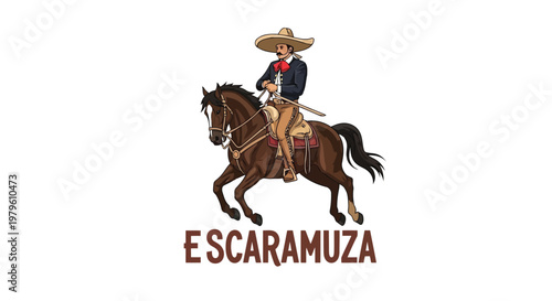 Mexican charro rider on horseback performing traditional riding skills isolated on white background