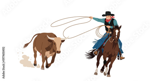 Cowboy on horseback using a lasso to catch a bull in the desert isolated on white background